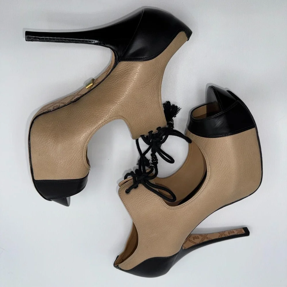 L.A.M.B. Chiba Platforms Womens US 9M Tan Black‎ Leather Stiletto Heel G1121